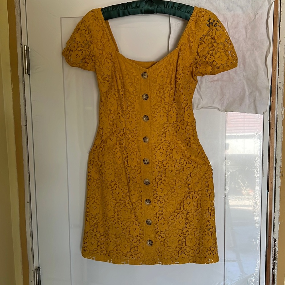 Yellow off the shoulder buttoned down lace dress